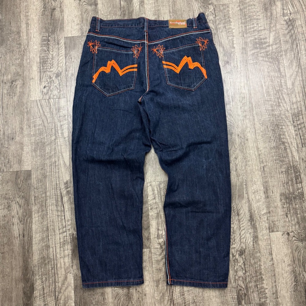 Vintage Evolution Orange Embroidery Baggy Skater Jeans Hip Hop Y2K 40 x31